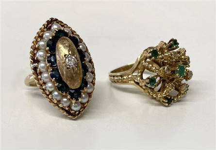 2 YELLOW GOLD FASHION RINGS , 1 W/ EMERALDS & 1 SEED PEARS & SAPPHIRES, 12 DWT (SIZE 4 & 6): 2 YELLOW GOLD FASHION RINGS , 1 W/ EMERALDS & 1 SEED PEARS & SAPPHIRES, 12 DWT (SIZE 4 & 6)