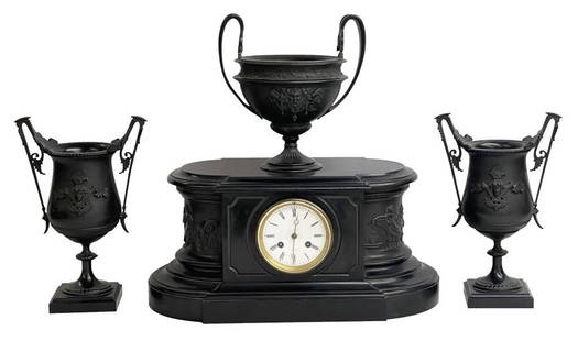 BRONZE & MARBLE TIFFANY & CO. CLOCK SET URNS 11 3/4" T & 9 1/2" TALL CLOCK: 8 1/2" TALL X 17" W X 12: BRONZE & MARBLE TIFFANY & CO. CLOCK SET URNS 11 3/4" T & 9 1/2" TALL CLOCK: 8 1/2" TALL X 17" W X 12 1/2" DEEP