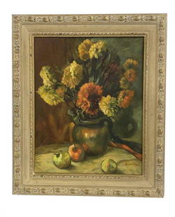 STILL LIFE FLOWERS AND FRUIT SIGNED VOSKARIAN OIL / BOARD (20" X 16"): STILL LIFE FLOWERS AND FRUIT SIGNED VOSKARIAN OIL / BOARD (20" X 16")