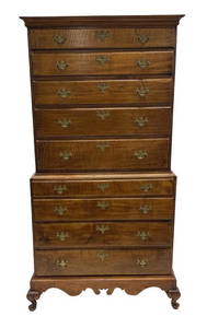 18THC. TIGER MAPLE CHEST ON CHEST ON FRAME 77" TALL X 38 3/4" WIDE X 20" DEEP