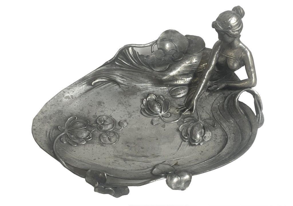 PEWTER ART NOUVEAU FIGURAL TRAY 10" X 7" "NYMPH AT REFLECTING POOL" (1 of 7)