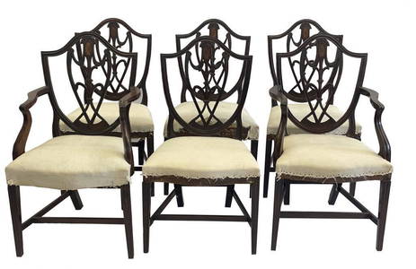 IMPT.SET OF 6 SHIELD BACK CHAIRS, PROB. CHARLESTON RED GUM AND WHITE OAK SUBWOODS (37 1/2" X 21" X