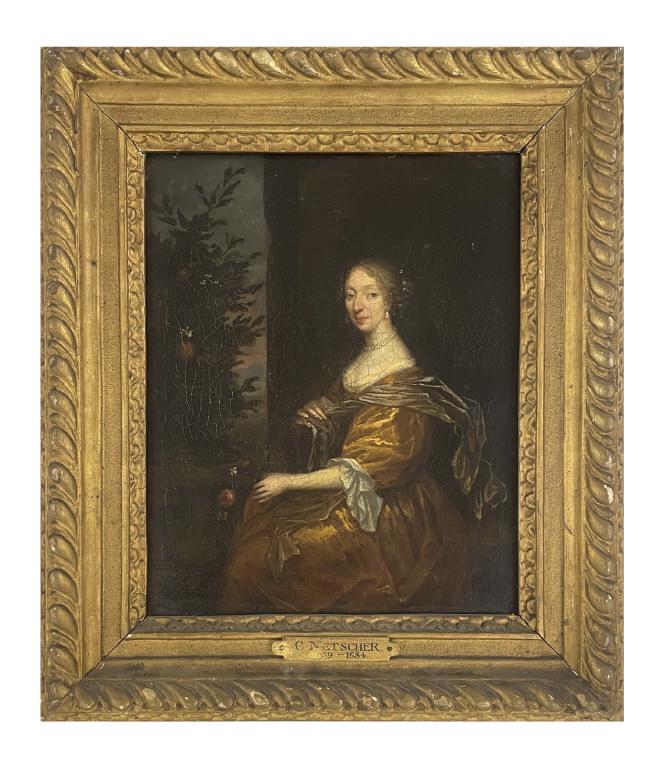 O/C EARLY PORTRAIT OF A  LADY IN A GARDEN SETTING ATTRIB. TO CASTOR NESTOR (1639 - 1684) (11" X 9" ) (1 of 5)