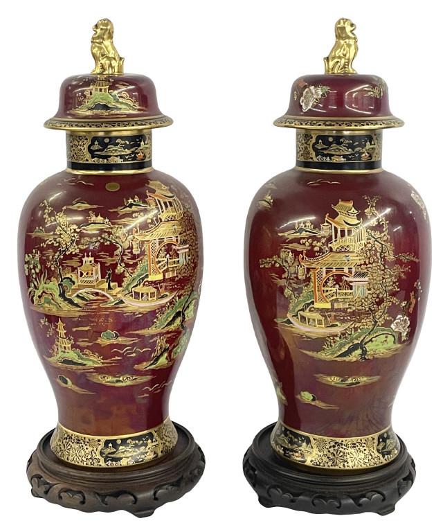 PR OF CARLTON WARE PORCELAIN BALUSTER SHAPED VASES WITH COVERS, ENGLISH, SMALL CHIP 18 1/4" TALL (1 of 6)