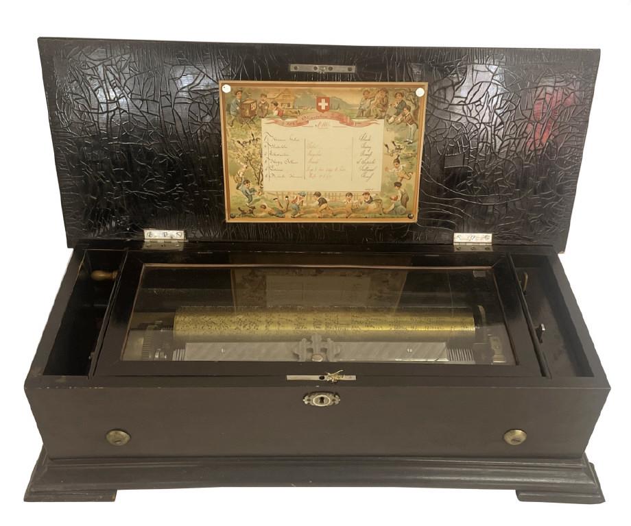 PAPIER MACHE LACQUER SWISS 6 TUNE MUSIC BOX WITH SONG SHEET , WORKING COND'T. 24" WIDE X 10" X 7": PAPIER MACHE LACQUER SWISS 6 TUNE MUSIC BOX WITH SONG SHEET , WORKING COND'T. 24" WIDE X 10" X 7" TALL