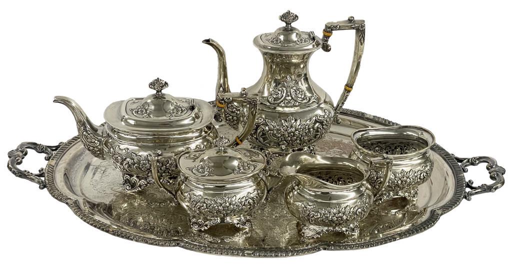 5 PC AMSTON HAND CHASED STERL. SILV. TEA & COFFEE SET "DONATELLO" PATTERN APPROX. 94 TROY OZ W/ (1 of 13)