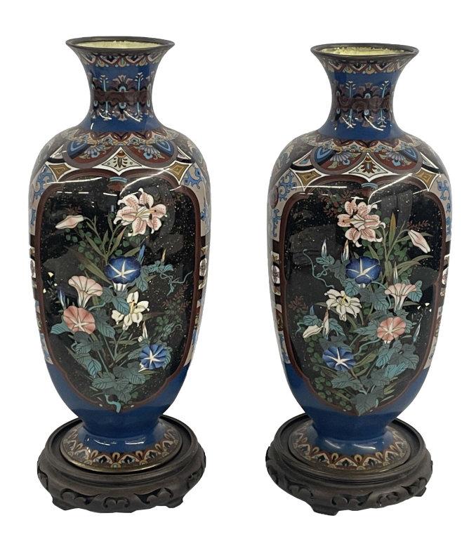 EXCEPTIONAL PR OF CLOISONNE MEJI PERIOD VASES W/ FLORAL ARRANGEMENTS ON A GOLD DUST PANEL 14 5/6" (1 of 7)