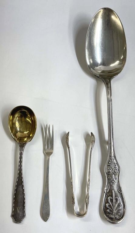 TIFFANY STERLING 11" STUFFING SPOON, SUGAR TONGS, CANAPE FORK & SPOON WITH  WASH APPROX. 8 TROY OZ (1 of 9)