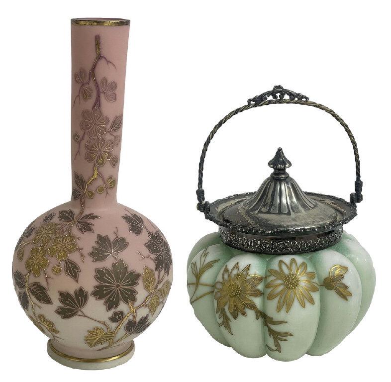 BURMESE GLASS VASE & MT. WASHINGTON BISCUIT JAR BOTH SIGNED , VASE 11" TALL (1 of 8)