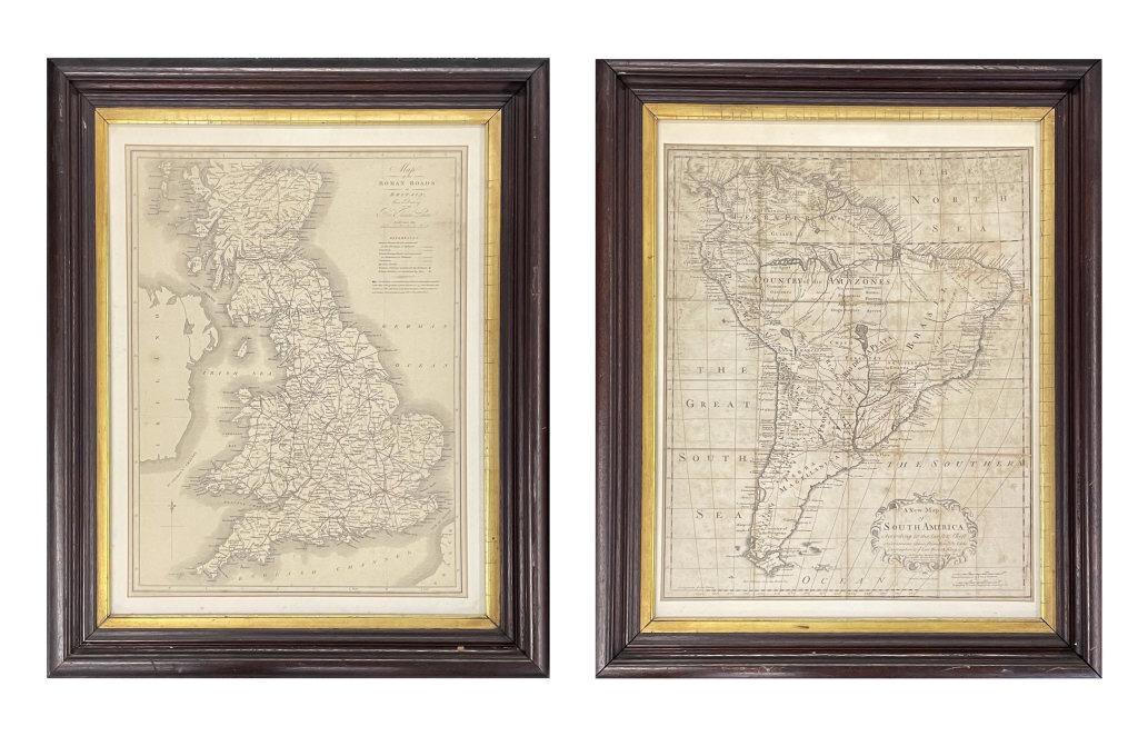 2 FRAMED MAPS, 1723 SO. AMERICA & THE ROMAN ROADS OF BRITIAN (24 1/2" X 20") (1 of 6)