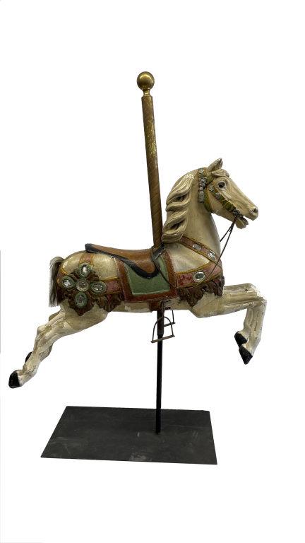 LATE 19THC. WOODEN CARVED CAROUSEL HORSE BY FREDERICK HEYN IN OLD PARK PAINT (47" LONG X 68 T X 18" (1 of 12)