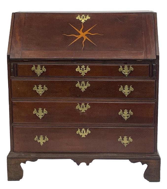 18THC. SLANT LID DESK WITH STYLISED STAR INLAY ON LID & TWO BOARD BACK (42" T X 37" W X 22" D) (1 of 13)