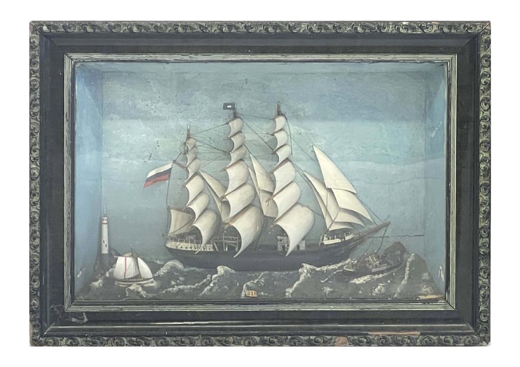 SHIP DIORAMA IN SHADOW BOX FRAME 22 1/2" X 31 1/2" X 7" DEEP (1 of 3)