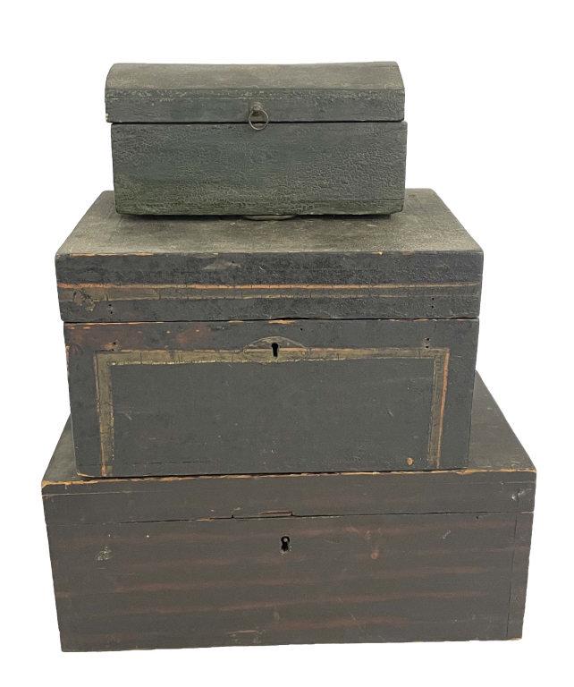 3 STORAGE BOXES IN OLD PAINT LARGEST BOX: 6 1/2" X 8" X 15" (1 of 11)