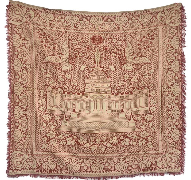RARE MEMORIAL HALL CENTENNIAL RED & WH COVERLET 1876 (75" X 72") (1 of 11)