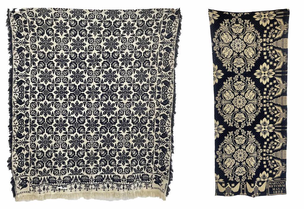 KNOX CO. OHIO, 1848, BLUE & WHITE COVERLETTE BIRD BORDER WITH EAGLE CORNER BLOCKS (79" X 72" ) & (1 of 15)