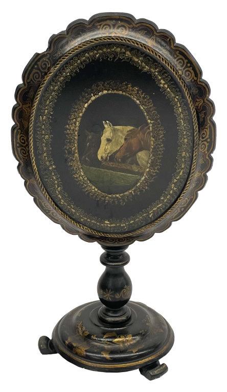 PAPIER MACHE TILT TOP TABLE W/ MOTHER OF PEARL INLAY, & HAND PAINTED HORSES, MINOR EDGE LOSS, TOP (1 of 5)