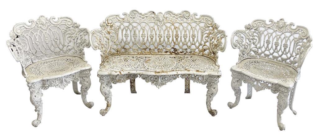 CAST IRON MARTHA WASHINGTON BENCH W/ 2 CAST ALUMINUM MARTHA WASHINGTION CHAIRS (BENCH 33" X 45") (1 of 7)