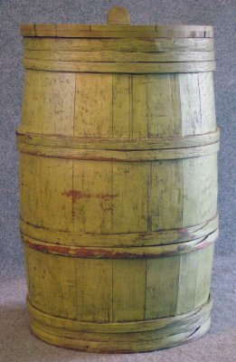 Wooden Barrel In Green Paint With Lid, 30" High: Wooden Barrel In Green Paint With Lid, 30" High