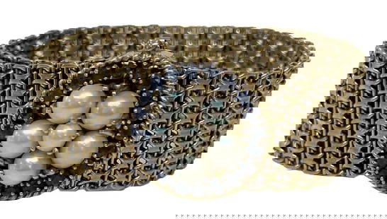 ADJUSTIBLE MESH BRACELET W/ PEARL & SAPPHIRE CLASP, 14KT YELLOW GOLD, 8 3/4" LONG APPROX. 31.1 DWT: ADJUSTIBLE MESH BRACELET W/ PEARL & SAPPHIRE CLASP, 14KT YELLOW GOLD, 8 3/4" LONG APPROX. 31.1 DWT