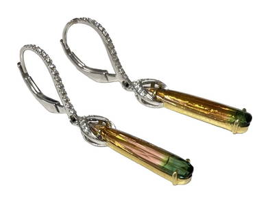 18KT GOLD WATERMELON TOURMALINE EARRINGS WITH DIAMONDS, LEVER BACK IN ORIGINAL SIMON G BOX, 1 1/2": 18KT GOLD WATERMELON TOURMALINE EARRINGS WITH DIAMONDS, LEVER BACK IN ORIGINAL SIMON G BOX, 1 1/2" LONG APPROX. 2.1 DWT