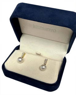 PR OF MIKIMOTO PEARL & DIAMOND EARRINGS IN 18KT GOLD. PEARLS APPROX. 5MM , ORIGINAL BOX: PR OF MIKIMOTO PEARL & DIAMOND EARRINGS IN 18KT GOLD. PEARLS APPROX. 5MM , ORIGINAL BOX