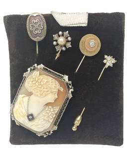 4 STICK PINS, 2 WITH DIAMONDS & CAMEO: 4 STICK PINS, 2 WITH DIAMONDS & CAMEO