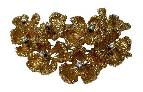 18KT YELLOW GOLD BROOCH W/ DIAMONDS MARKED MARCUS, GERMANY (1 3/4" LONG) APPROX. 13.1 DWT: 18KT YELLOW GOLD BROOCH W/ DIAMONDS MARKED MARCUS, GERMANY (1 3/4" LONG) APPROX. 13.1 DWT