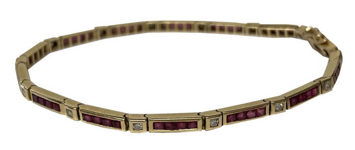 THIN DIAMOND & RUBY LINE BRACELET IN 14KT GOLD 7" LONG APPROX. 5.4 DWT DAMAGE: THIN DIAMOND & RUBY LINE BRACELET IN 14KT GOLD 7" LONG APPROX. 5.4 DWT, DAMAGE