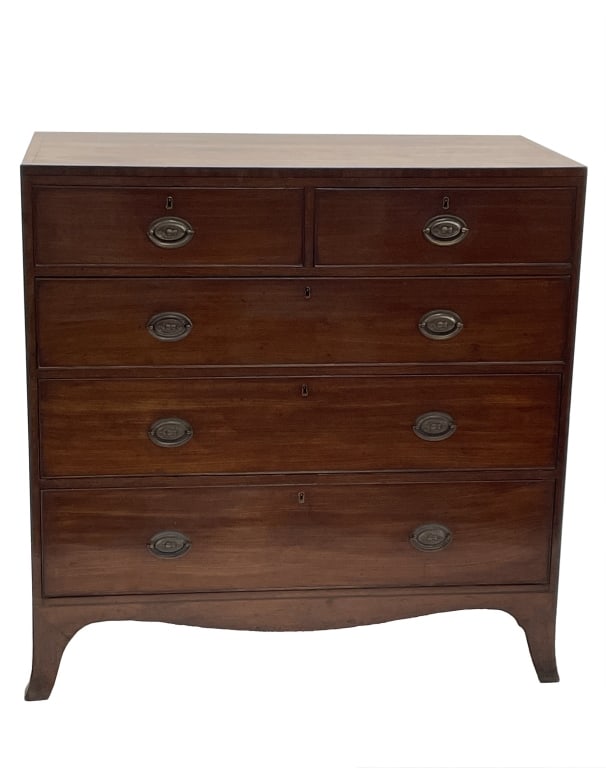GEO III HEPPLEWHITE MAHOGANY CHEST W/ EBONY INLAY & FRENCH FEET,  C. 1810 (42" X 42" X 20" ) (1 of 6)