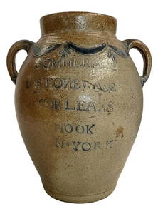 COMMERAWS STONEWARE CORLEARS HOOK, NY CROCK WITH OPEN EARS & INCISED SWAG & TASSEL DECOR.   (10 1/2"