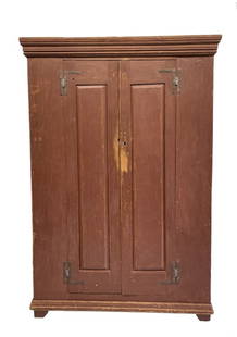 RED TWO DOOR CUPBOARD WITH RAISED PANEL DOORS AND H, L HINGES 74" X 51" X 18": RED TWO DOOR CUPBOARD WITH RAISED PANEL DOORS AND H, L HINGES 74" X 51" X 18"