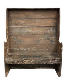 EARLY 18THC. SETTLE BENCH FROM WYNKOOP LOUNSBERY HOUSE, STONE RIDGE (48" WIDE X 14 1/2" D X 60": EARLY 18THC. SETTLE BENCH FROM WYNKOOP LOUNSBERY HOUSE, STONE RIDGE (48" WIDE X 14 1/2" D X 60" TALL)