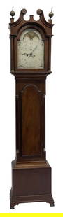 TALL CASE CLOCK BY LEVI & ABEL HUTCHINS, CONCORD, NH, 8 DAY BRASS MOVEMENT IN ORIG STOP FLUTED: TALL CASE CLOCK BY LEVI & ABEL HUTCHINS, CONCORD, NH, 8 DAY BRASS MOVEMENT IN ORIG STOP FLUTED COLUMN CASE, C. 1800 ,SGND MOON PHASE DIAL (7' 3" TALL)