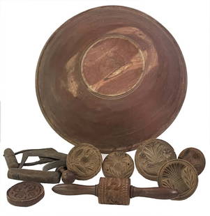 RED PAINTED 21" BOWL WITH 3 CHOPPERS, 6 BUTTER STAMPS & COOKIE OR PASTRY ROLLER: RED PAINTED 21" BOWL WITH 3 CHOPPERS, 6 BUTTER STAMPS & COOKIE OR PASTRY ROLLER