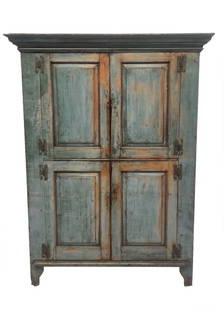 18THC. BLUE FOUR DOOR CUPBOARD WITH "H" HINGES SALMON INTERIOR, 72 1/2" X 54 1/2" X 19 1/2": 18THC. BLUE FOUR DOOR CUPBOARD WITH "H" HINGES SALMON INTERIOR, 72 1/2" X 54 1/2" X 19 1/2"