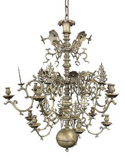 18THC. CAST BRASS 12 LIGHT CHANDELIER, PROB. DUTCH 49" LONG: 18THC. CAST BRASS 12 LIGHT CHANDELIER, PROB. DUTCH 49" LONG