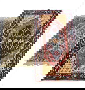 IRANIAN PRAYER RUG WITH BLONDE FIELD & 5 GUARD BORDERS (38" X 65") & KILIM AREA RUG 52" X 95": IRANIAN PRAYER RUG WITH BLONDE FIELD & 5 GUARD BORDERS (38" X 65") & KILIM AREA RUG 52" X 95"