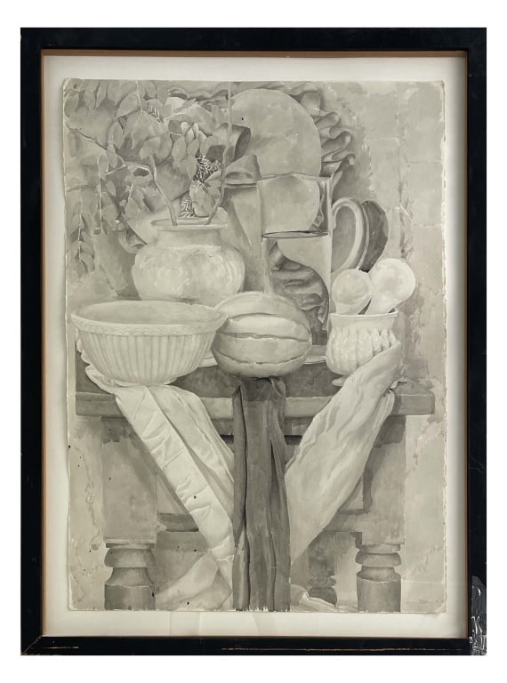 INK WASH "STILL LIFE " ON PAPER, RICHARD RYAN, 1981 ROBERT SCHOELKOPF GALLERY 35 1/4" X 27 1/4" -30": INK WASH "STILL LIFE " ON PAPER, RICHARD RYAN, 1981 ROBERT SCHOELKOPF GALLERY 35 1/4" X 27 1/4" -30" X 22" SIGHT