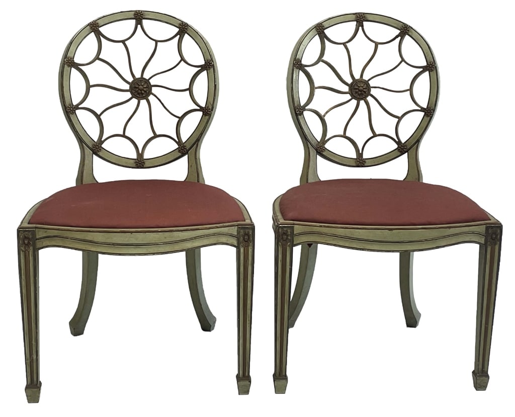 PR OF EDWARDIAN PERIOD HEPPLEWHITE STYLE CHAIRS SPIDER BACK IN GREEN PAINT (36" X 21 3/4" X 24") (1 of 5)