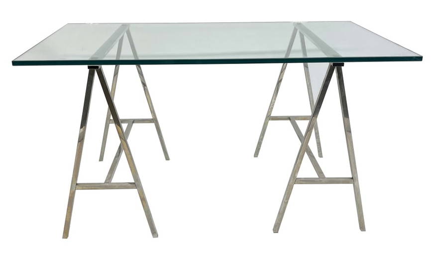 Chrome & Glass Trestle Table/ Desk 28 1/2" Tall, Top Is 54 1/2" X 30"