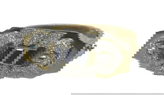 DIAMOND & SAPPHIRE BROOCH ON 14KT GOLD BANGLE BROOCH IN 18KT WHITE GOLD, APPROX. 2.5 CTTW NATURAL: DIAMOND & SAPPHIRE BROOCH ON 14KT GOLD BANGLE BROOCH IN 18KT WHITE GOLD, APPROX. 2.5 CTTW NATURAL SAPPHIRES, HALF MOON DIAMONDS APPROX. .75 CT EACH (BANGLE 14KT APPROX. 22.3 DWT)