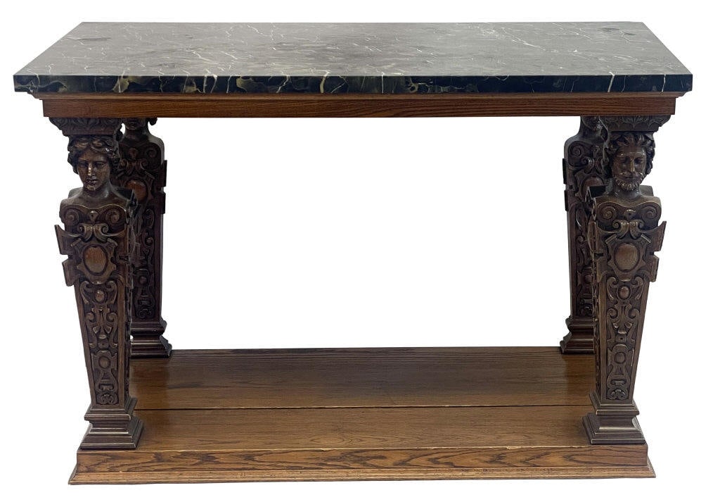 MARBLE TOP PIER TABLE WITH FIGURAL SUPPORTS 34 1/2" X 50" X 24" (1 of 7)