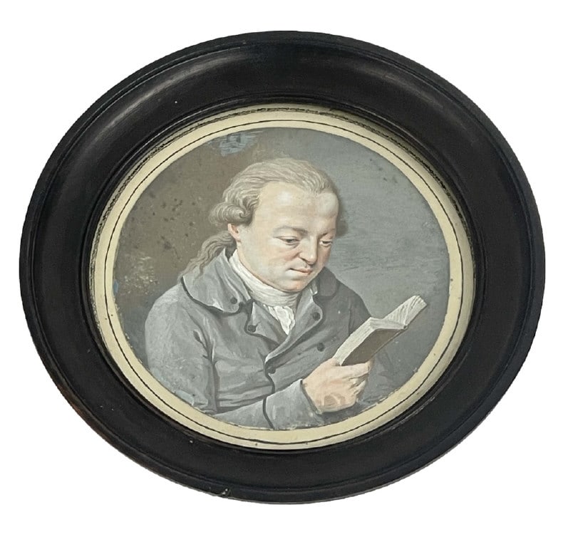 18THC. GOUACHE "PORTRAIT OF A SCHOLAR" FRAME 7 1/4"Diam,  FROM THE COLLECTION OF JUGO DAVID (1 of 5)