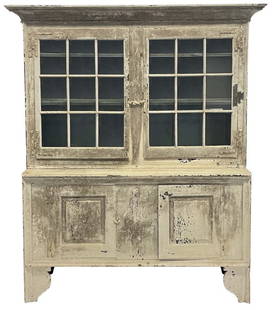 18THC. HUDSON VALLEY STEP BACK CUPBOARD 2 GLAZED 9 LIGHT DOORS OVER 2 RAISED PANEL DOORS WITH HL: 18THC. HUDSON VALLEY STEP BACK CUPBOARD 2 GLAZED 9 LIGHT DOORS OVER 2 RAISED PANEL DOORS WITH HL HINGES (73 1/2" X 53 1/2" X 17")