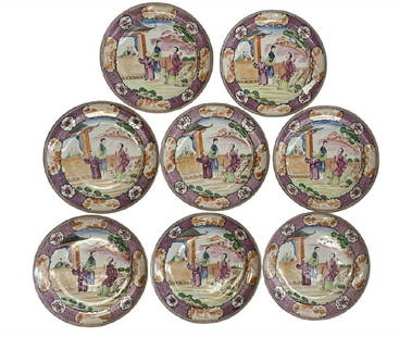 8 ORIENTAL POLYCHROME DECORATED CHINESE EXPORT ROCKEFELLER PATTERN PLATES 7 5/8" DIAM C. 1760: 8 ORIENTAL POLYCHROME DECORATED CHINESE EXPORT, ROCKEFELLER PATTERN PLATES 7 5/8" DIAM C. 1760