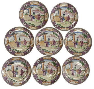 6 CHINESE EXPORT POLYCHROME 9" PLATES, ROCKEFELLER PATTERN: 6 CHINESE EXPORT POLYCHROME DECORATED ROCKEFELLER PATTERN 9" PLATES