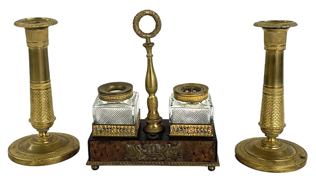 FRENCH EMPIRE CANDLESTICKS & INKWELL W/ SANDER GILT BRONZE ON BURLWOOD (1 of 7)