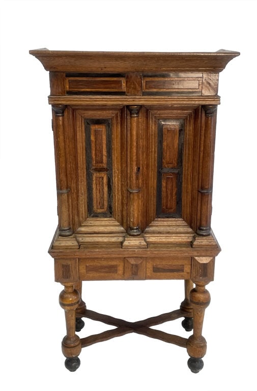 CONTINENTAL CABINET ON STAND. WALNUT, OAK & EBONY 19THC. (48 1/2" TALL X 26" WIDE X 13" OVERALL) (1 of 6)