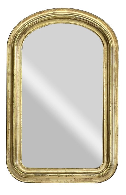 C.1850 TOMBSTONE SHAPED MIRROR IN LEMON GOLD FRAME 33 1/2" X 21 1/2" (1 of 3)